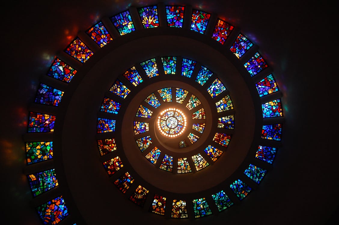 Photograph of stained glass shaped like a spiral