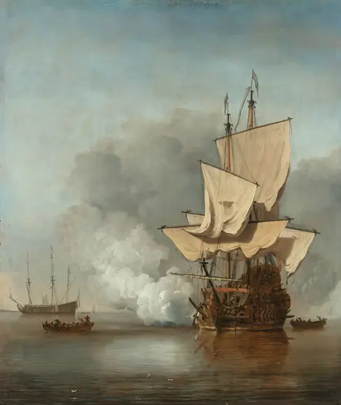 Painting of a ship in need in a raging storm